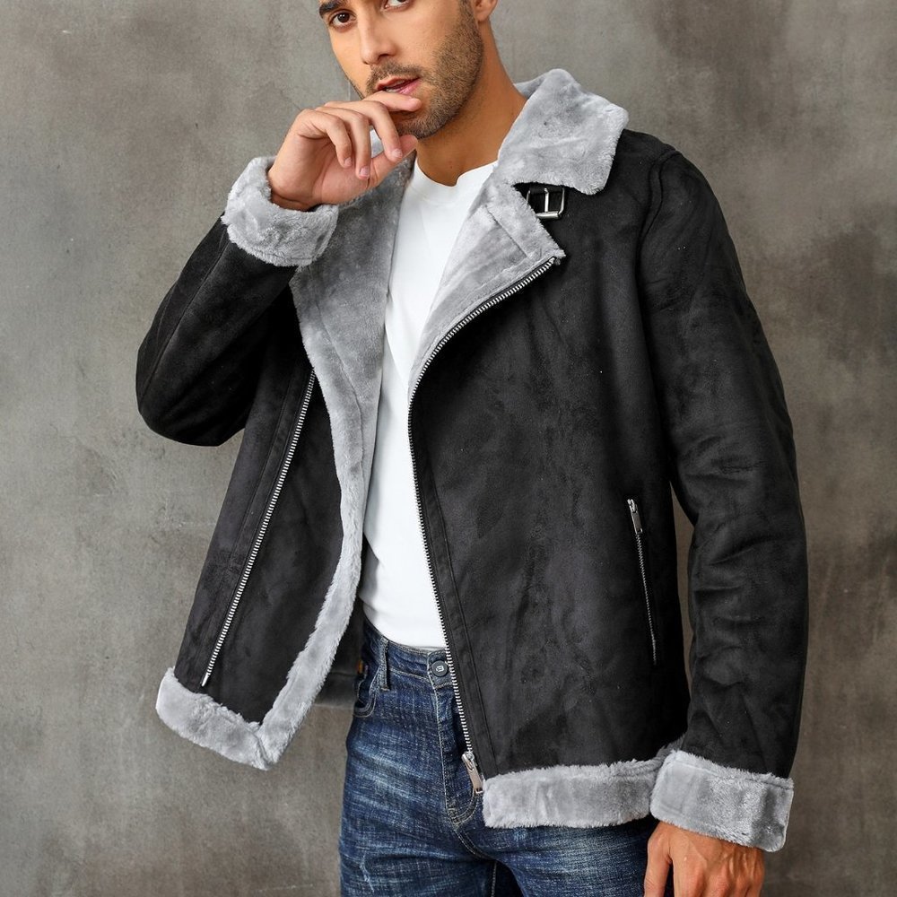 Black Casual Mens Teddy Lined Zip Up Faux Suede Coat - Picture 5 of 5